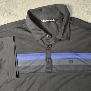 TravisMathew Mens Polo Shirt Medium Black Blue Grey Stripe Short Sleeve Golf